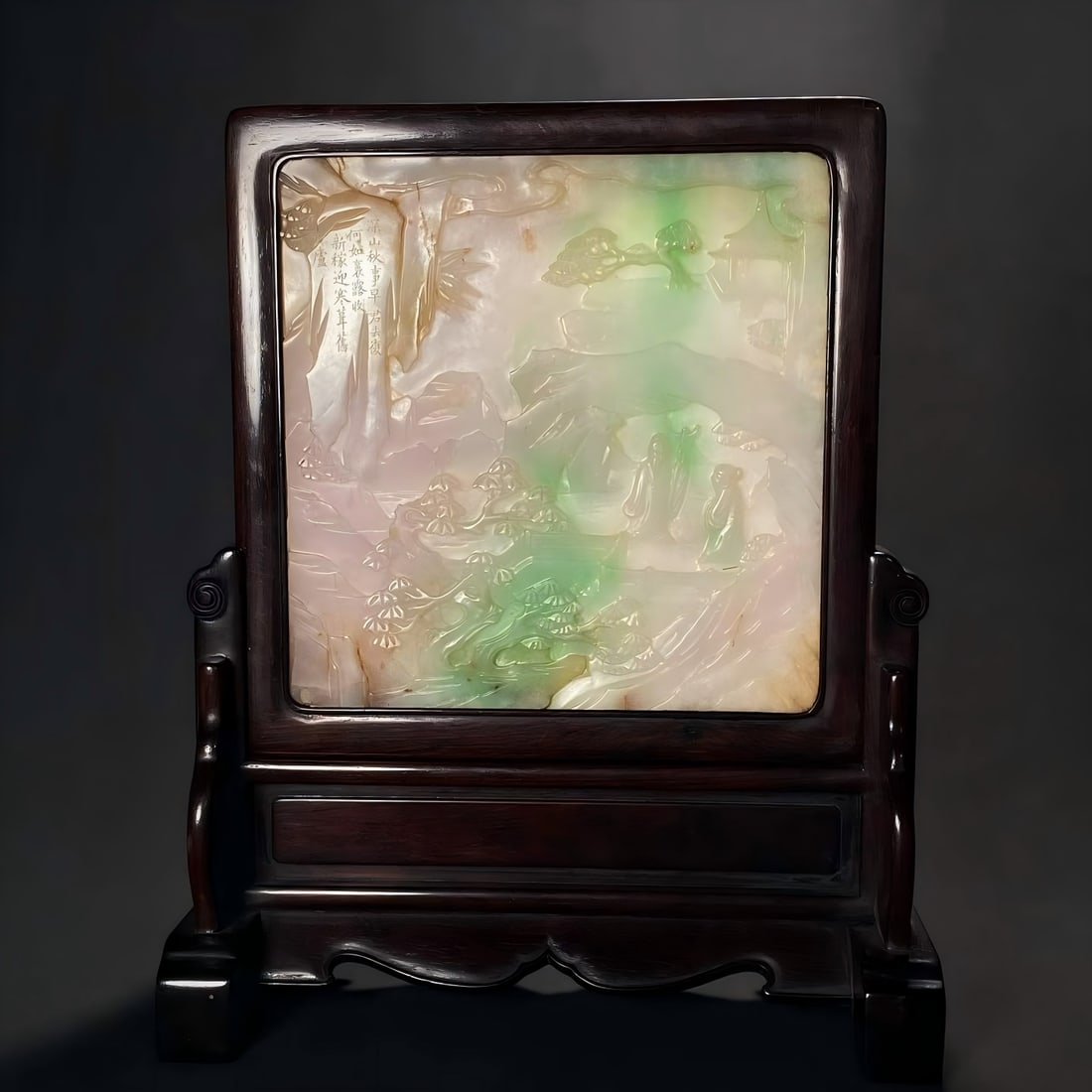 A piece of Qingdao Guangxing has Hengtang jade relief, deep mountain visiting friends, landscape: Qingdao Guangxing has Hengtang jade relief deep mountain visit to friends landscape character poetry screen This screen is carved from jadeite, is a typical "spring with color" texture, the center of 