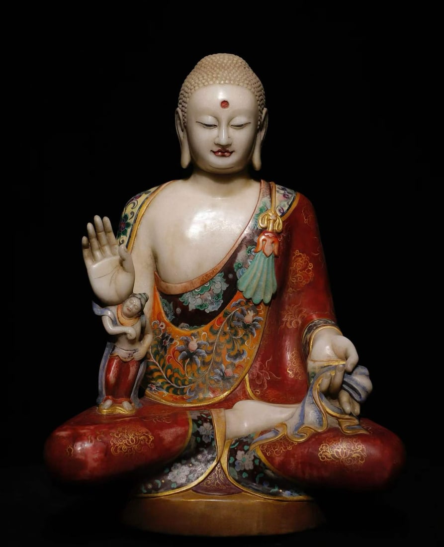A Northern Qi white jade painted Buddha statue: Northern Qi white jade painted Buddha statue SIZE: H:68cm W:48cm T:36cm (The Dimensions Of All Batches Are Manually Measured.If You Need More Detailed Information, Please Contact Our Customer Service 