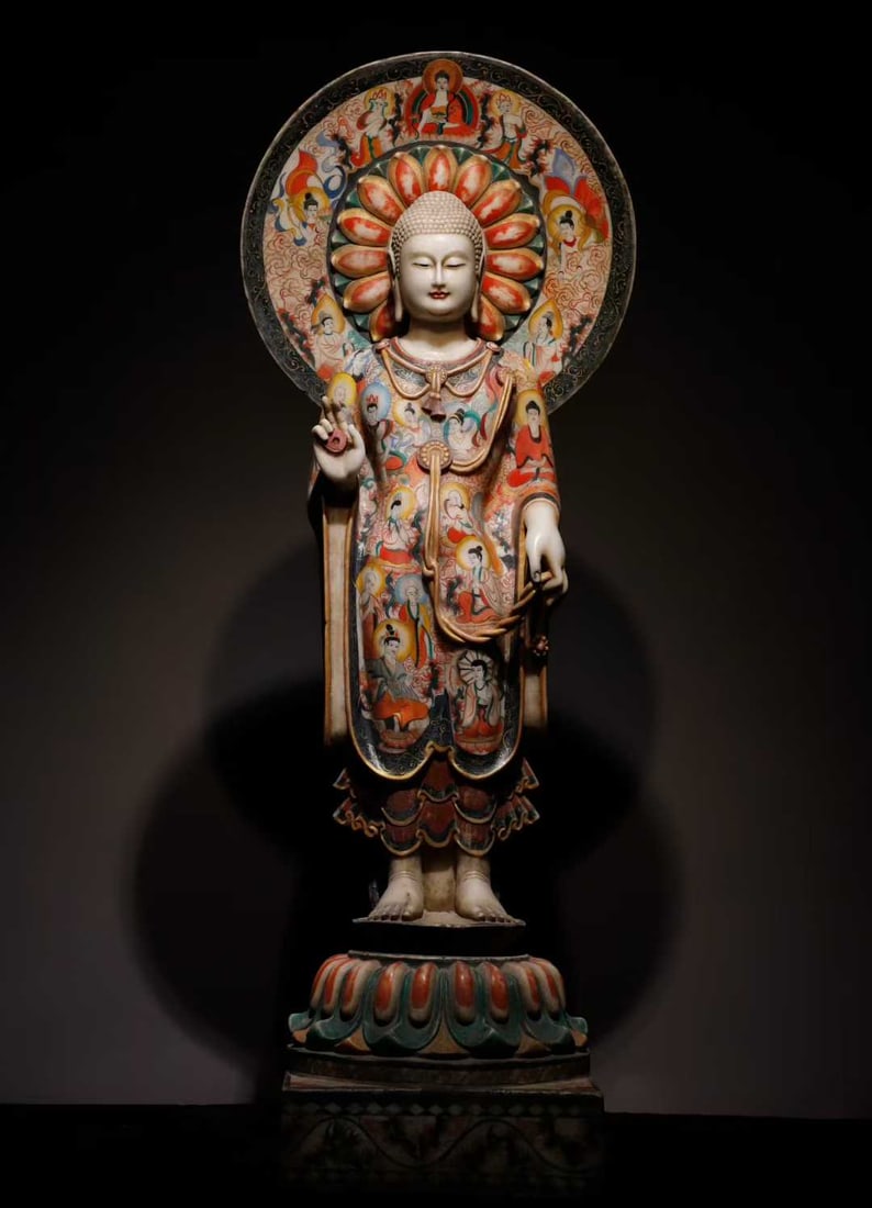 A piece of Northern Qi white jade painted standing Buddha: Northern Qi Han white jade painted station Buddha SIZE: H:143cm W:53cm T:38cm (The Dimensions Of All Batches Are Manually Measured.If You Need More Detailed Information, Please Contact Our Customer Se