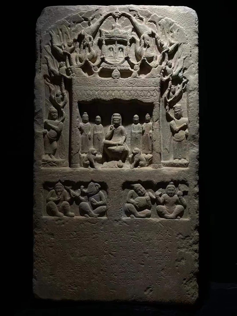 A sandstone Buddhist story statue stele of the Northern Wei Dynasty: Northern Wei sandstone Buddha story statue stele SIZE: H:100cm W:55cm T:14cm (The Dimensions Of All Batches Are Manually Measured.If You Need More Detailed Information, Please Contact Our Customer Ser