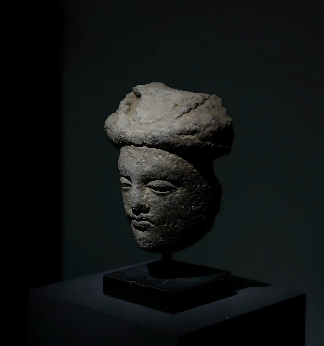 A Gandhara stone carved Buddha head in gray schist from the 2nd to 5th centuries AD: Gandhara stone carved Buddha head SIZE: W: 13cm H: 16cm with base H: 21cm (The Dimensions Of All Batches Are Manually Measured.If You Need More Detailed Information, Please Contact Our Customer Servic