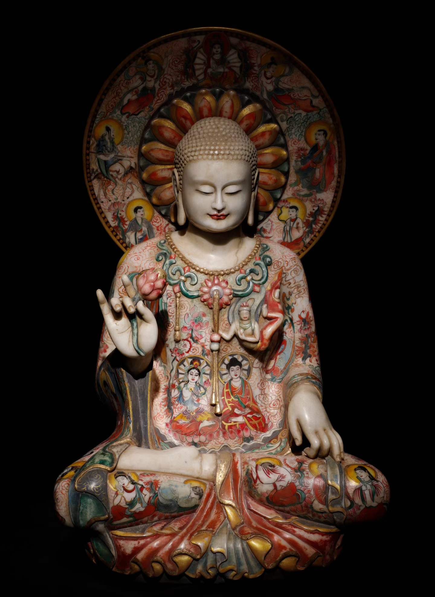 A piece of Northern Qi white jade painted Shakyamuni Buddha: Northern Qi Han white jade painted Shakyamuni Buddha SIZE: H: 1m W: 60cm T: 45cm (The Dimensions Of All Batches Are Manually Measured.If You Need More Detailed Information, Please Contact Our Customer