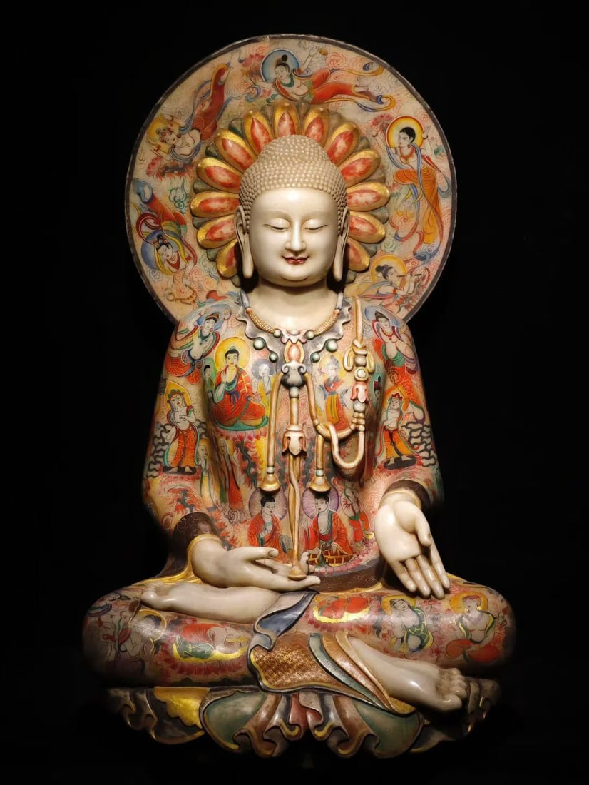 A piece of Northern Qi white jade painted Buddha: Northern Qi White Jade Painted Buddha Full of Painted Buddha Statue Dharma Appearance is solemn SIZE: H:125cm W:70cm T:53cm (The Dimensions Of All Batches Are Manually Measured.If You Need More Detail