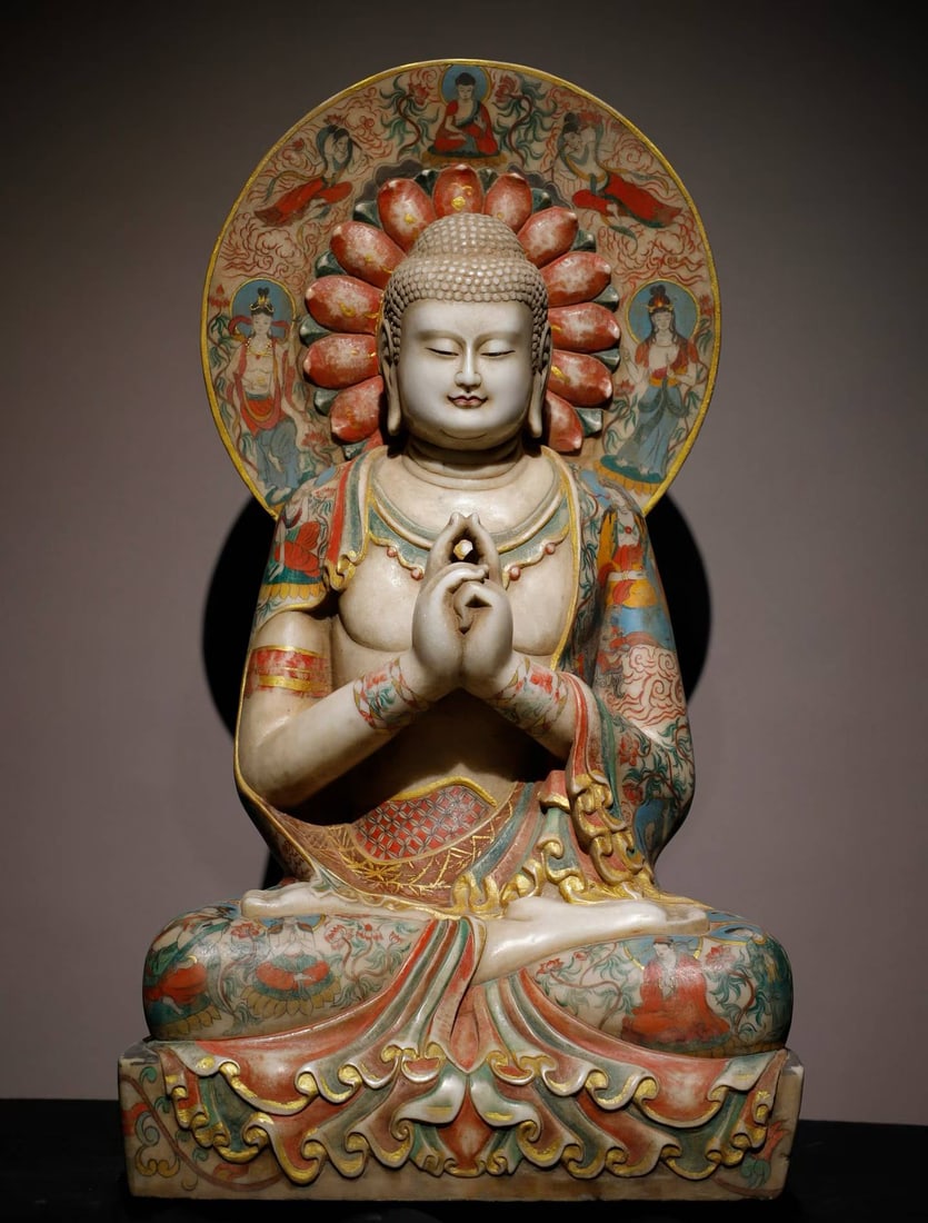A Tang Dynasty white jade painted Buddha statue: Tang Dynasty white jade painted Buddha statue SIZE: H:80cm W:45cm T:32cm (The Dimensions Of All Batches Are Manually Measured.If You Need More Detailed Information, Please Contact Our Customer Service