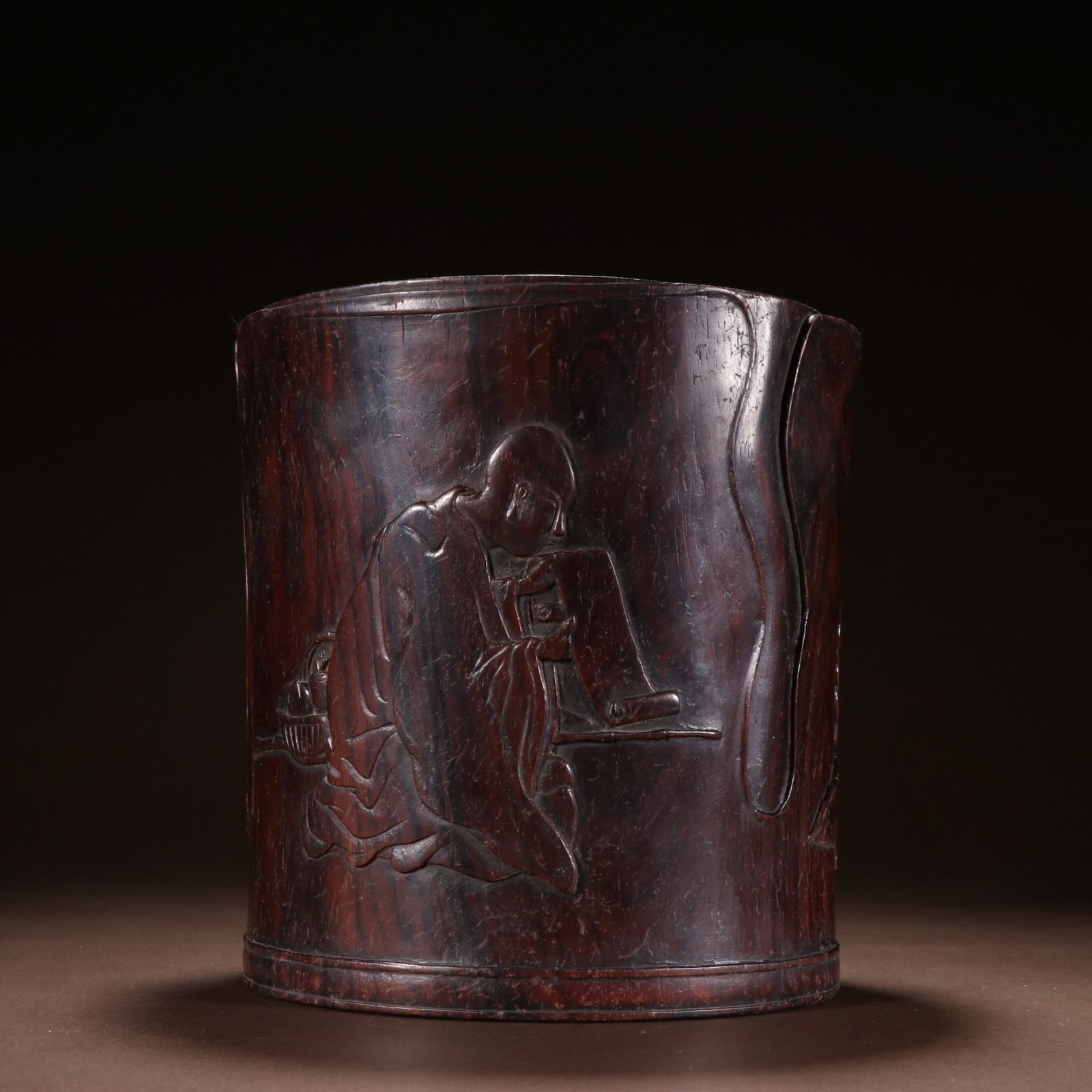 A Qing Dynasty Huanghuali pen holder: Qing Dynasty Huanghuali people pen holder SIZE: H:18.9cm W:18.4cm W:1457g (The Dimensions Of All Batches Are Manually Measured.If You Need More Detailed Information, Please Contact Our Customer