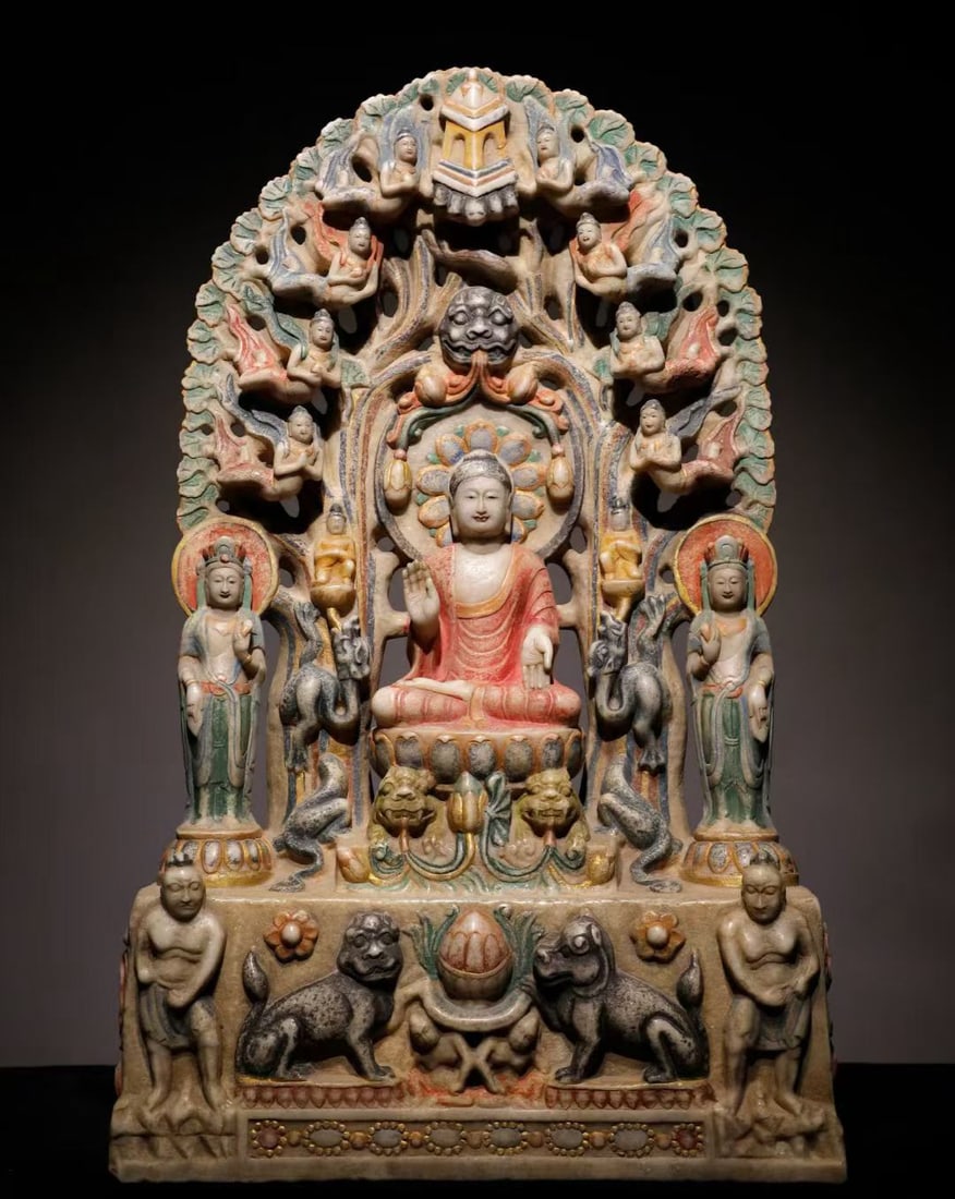 A Tang Dynasty white jade painted hollow Buddha backrest: Tang Dynasty white jade painted hollow Buddha backrest SIZE: H:105cm W:63cm T:24cm (The Dimensions Of All Batches Are Manually Measured.If You Need More Detailed Information, Please Contact Our Custom