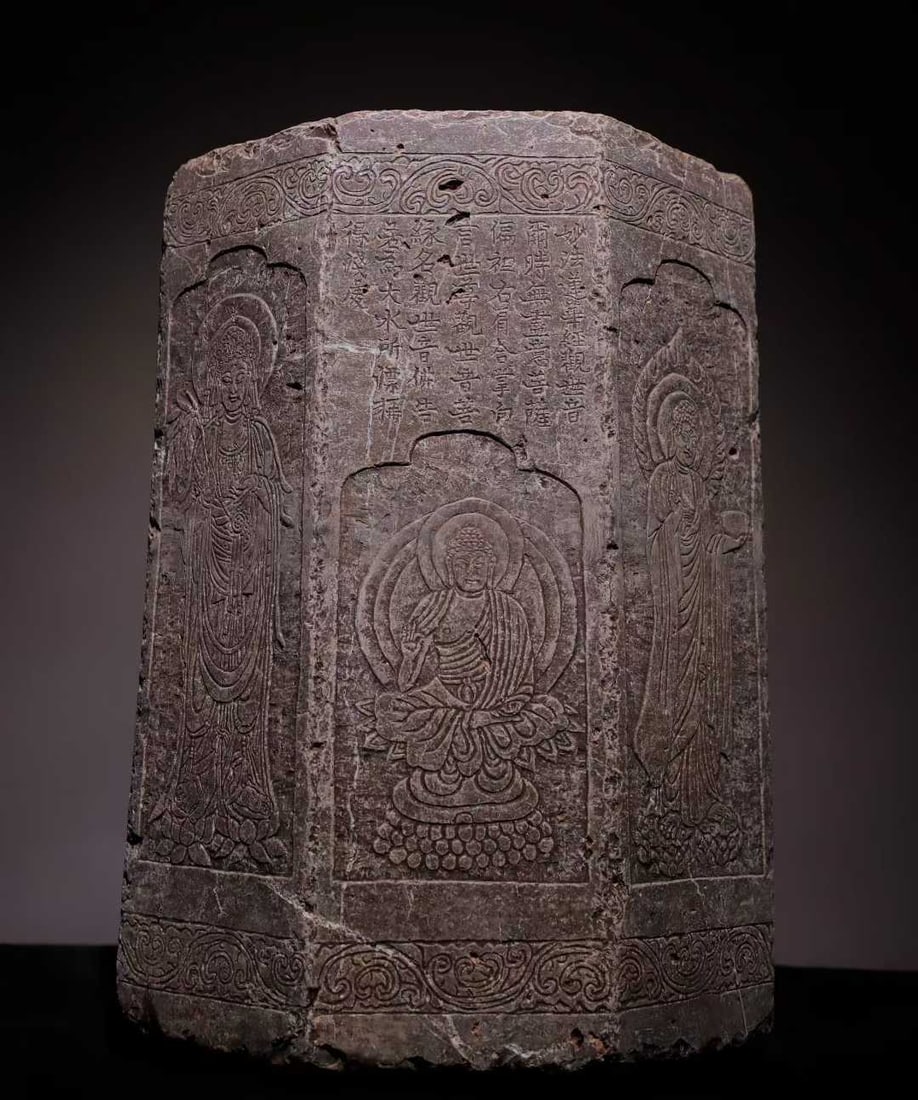 A Tang Dynasty bluestone octagonal Buddha pillar: Tang Dynasty bluestone octagonal Buddha pillar carved lotus scriptures SIZE: H:63cm D:45cm (The Dimensions Of All Batches Are Manually Measured.If You Need More Detailed Information, Please Contact Ou