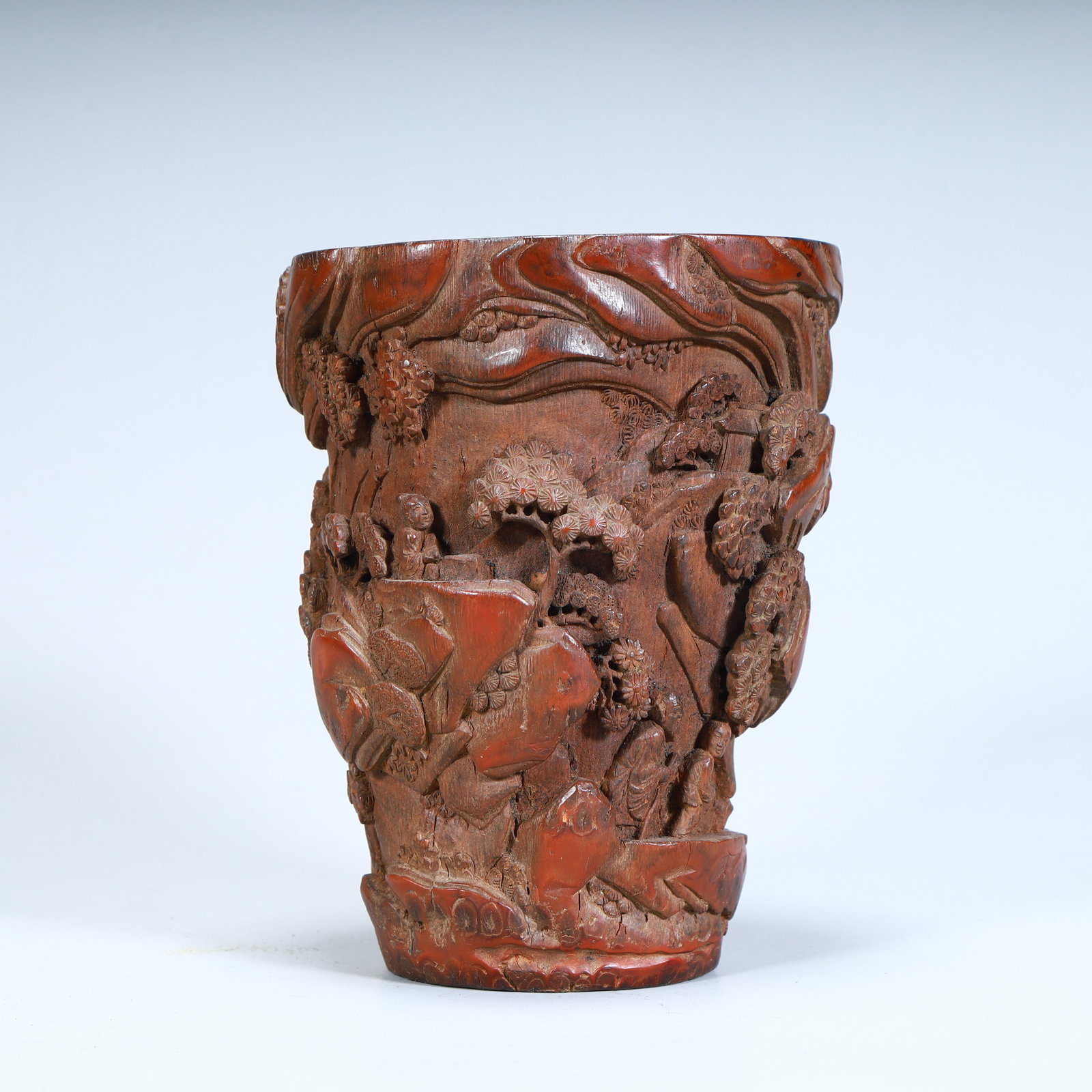 A Qing Dynasty bamboo carved landscape character pattern pen holder: Qing Dynasty bamboo carved landscape figure pattern pen holder SIZE: H:14.5cm L:11.5cm W:9cm W:323g (The Dimensions Of All Batches Are Manually Measured.If You Need More Detailed Information, Please C
