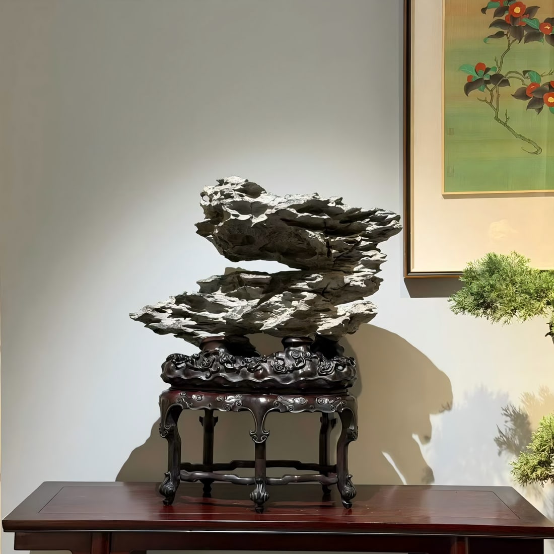 A piece of Taihu Lake stone Wenfang Shanzi in the Qing Dynasty: Qing Dynasty Taihu Lake Shiwenfang Shanzi layered mountains and green clouds, Cangyan ancient dragon shape SIZE: 63x36x75cm (The Dimensions Of All Batches Are Manually Measured.If You Need More Detail