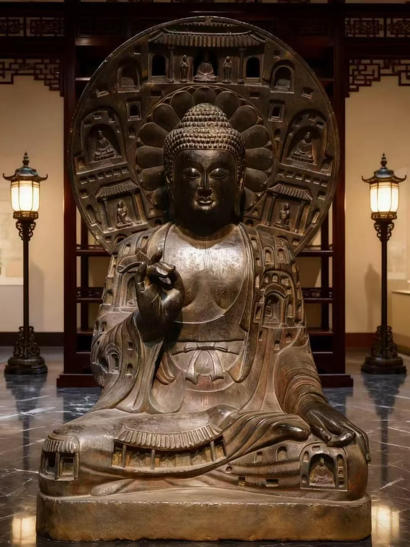 A Tang Dynasty white jade painted Buddha: Tang Dynasty white jade painted Buddha hand-painted scriptures carved grottoes and pavilions SIZE: H:110cm W:76cm T:53cm (The Dimensions Of All Batches Are Manually Measured.If You Need More Detailed 