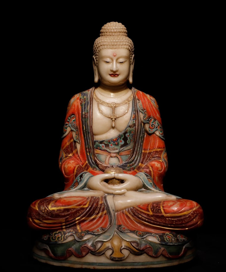 A Tang Dynasty white jade painted Buddha statue: Tang Dynasty white jade painted Buddha statue SIZE: H:67cm W:46cm T:35cm (The Dimensions Of All Batches Are Manually Measured.If You Need More Detailed Information, Please Contact Our Customer Service