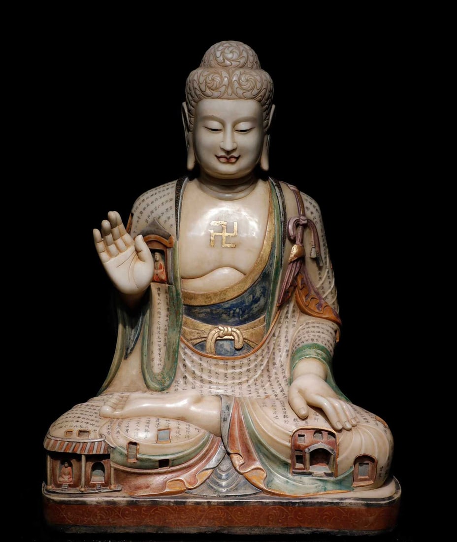 A Tang Dynasty white jade painted Buddha: Tang Dynasty white jade painted Buddha SIZE: H:108cm W:78cm T:60cm (The Dimensions Of All Batches Are Manually Measured.If You Need More Detailed Information, Please Contact Our Customer Service Befor