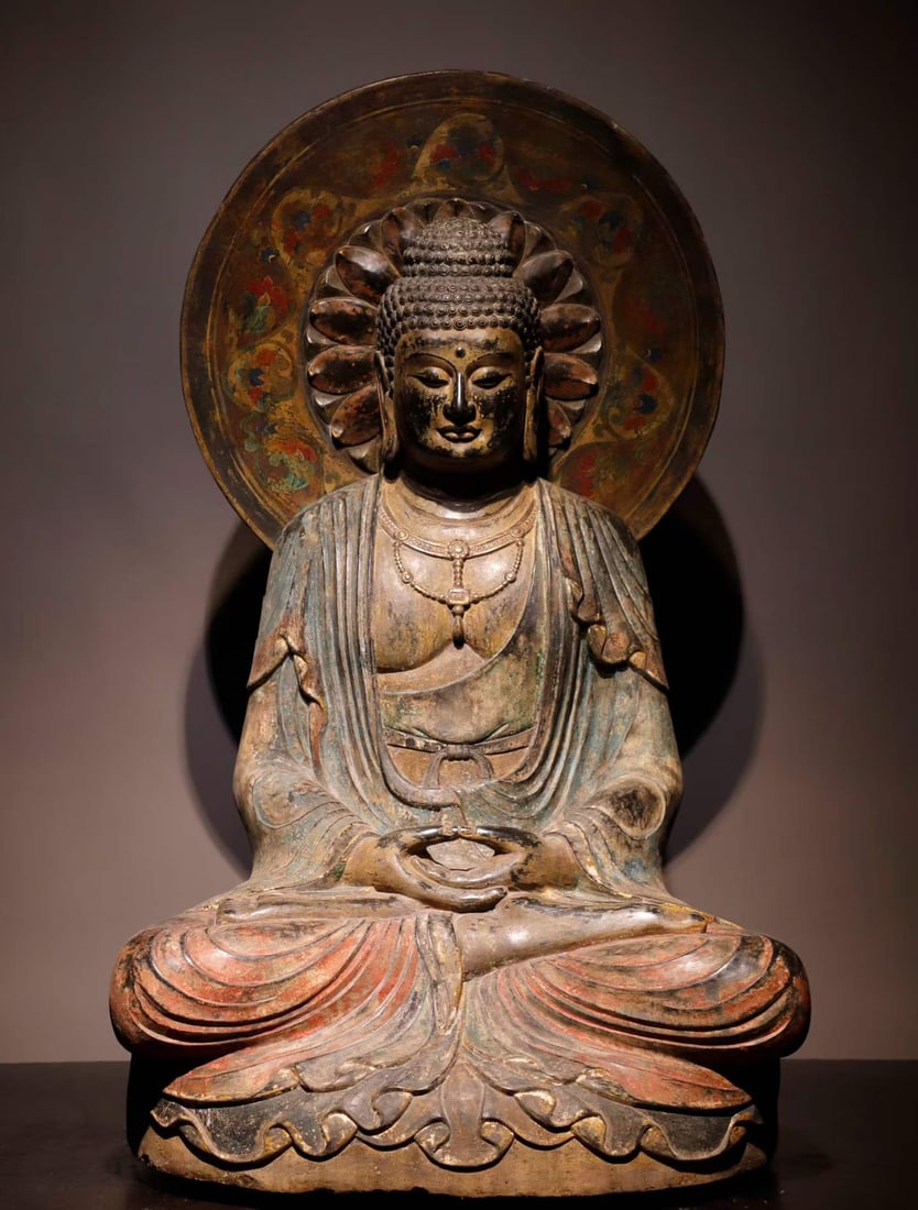 A Tang Dynasty bluestone painted Buddha: Tang Dynasty bluestone painted Buddha SIZE: H:120cm W:68cm T:50cm (The Dimensions Of All Batches Are Manually Measured.If You Need More Detailed Information, Please Contact Our Customer Service Before