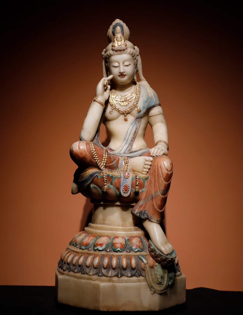 A Tang Dynasty white jade painted thinking bodhisattva: Tang Dynasty white jade painted thinking bodhisattva SIZE: H: 90cm Base D: 40cm (The Dimensions Of All Batches Are Manually Measured.If You Need More Detailed Information, Please Contact Our Customer 
