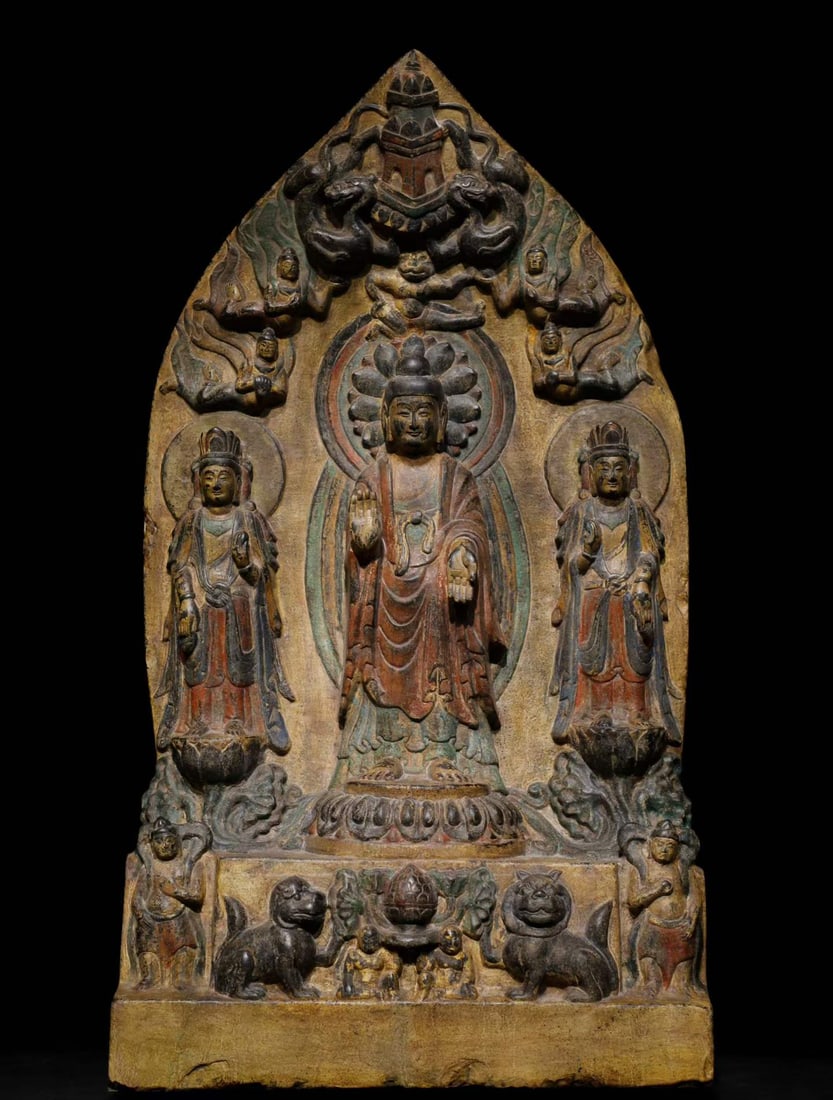 A piece of Northern Wei bluestone painted Buddha backrest: Northern Wei Dynasty bluestone painted Buddha backrest SIZE: H:96cm W:52cm T:23cm (The Dimensions Of All Batches Are Manually Measured.If You Need More Detailed Information, Please Contact Our Custome