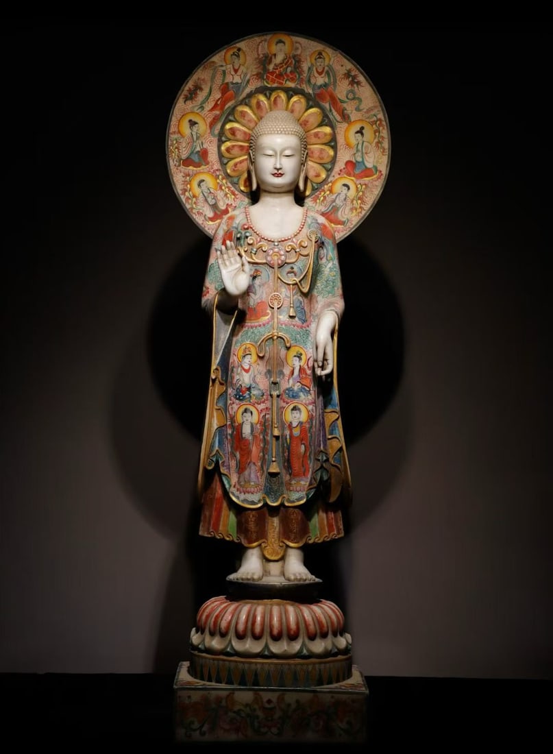 A piece of Northern Qi white jade painted Buddha: Northern Qi White Jade Painted Buddha Full of Colorful Buddha Statues, Dharma Appearance is solemn SIZE: H:165cm W:56cm T:35cm (The Dimensions Of All Batches Are Manually Measured.If You Need More Det