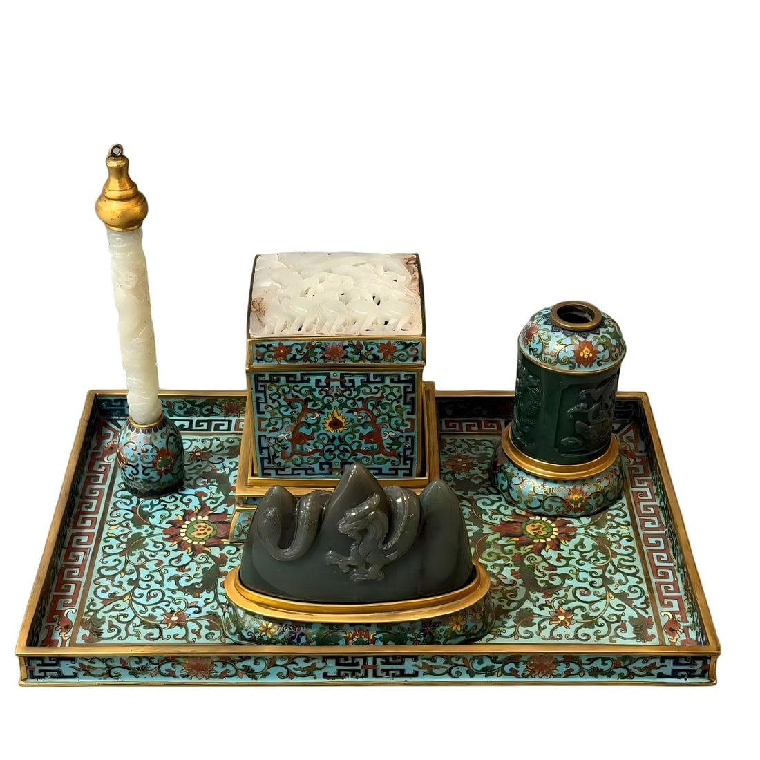 A set of four treasures of Jingtai supervision inlaid with Hetian jade study: Jingtai supervised and embedded a set of four treasures of Hetian jade study SIZE: Tray 32x21cm Brush 20x3cm Stamp Box 11x11x12cm Pen Holder 13x4x10.5cm Water Bowl 7.5x10.5cm (The Dimensions Of All Ba