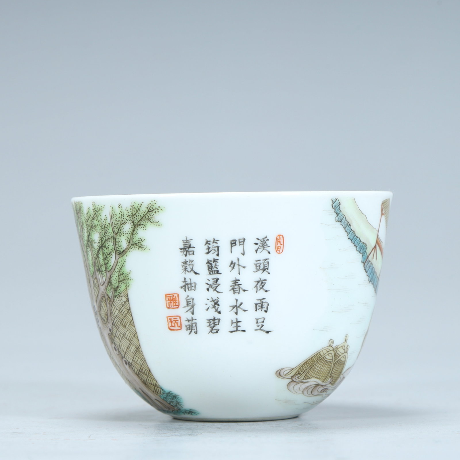 A Qing Dynasty pastel fisherman's poetry cup: Qing Dynasty pastel fisherman's poetry cup SIZE: H:5.5cm L:7.5cm W:7.5cm W:67g (The Dimensions Of All Batches Are Manually Measured.If You Need More Detailed Information, Please Contact Our Customer S