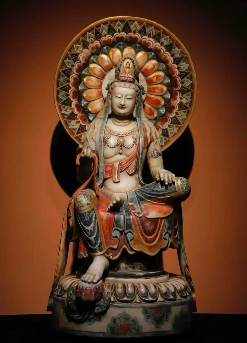 A piece of Tang Dynasty white jade painted Guanyin: Tang Dynasty white jade painted Guanyin SIZE: H:90cm W:46cm T:40cm (The Dimensions Of All Batches Are Manually Measured.If You Need More Detailed Information, Please Contact Our Customer Service Befor