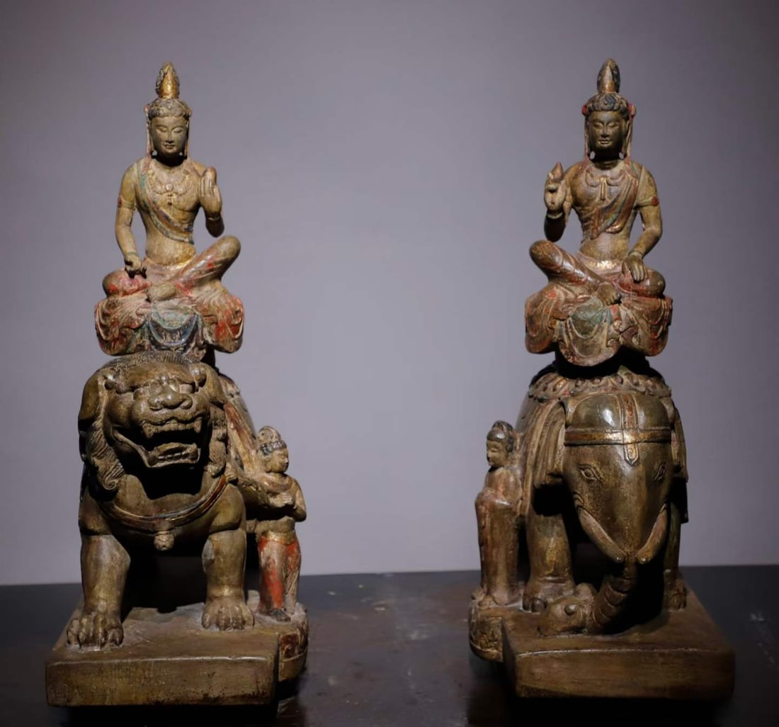 A pair of Tang Dynasty bluestone painted Manjushri Puxian Bodhisattva: Tang Dynasty bluestone painted Manjushri Puxian Bodhisattva SIZE: H:54cm W:40cm T:23cm (The Dimensions Of All Batches Are Manually Measured.If You Need More Detailed Information, Please Contact Our
