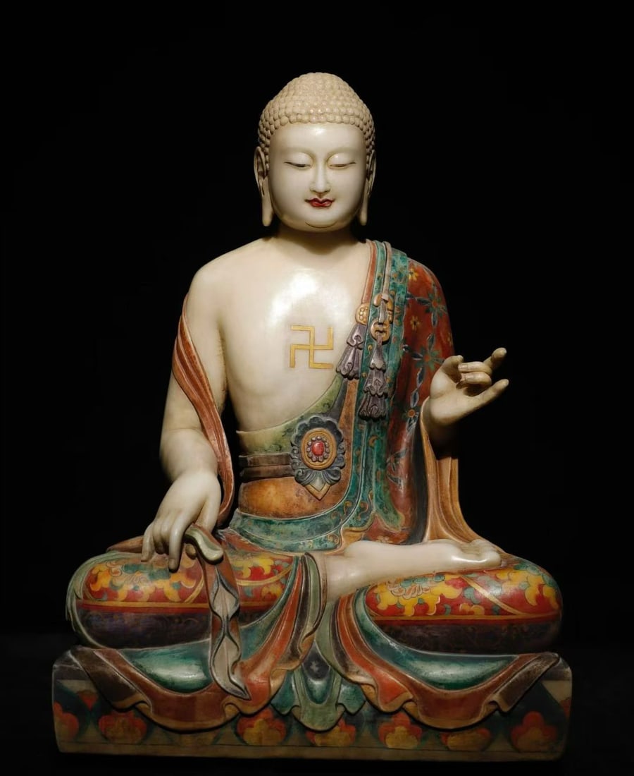 A Northern Qi white jade painted Buddha statue: Northern Qi White Jade Painted Buddha Statue Full of Painted Buddha Statue Exquisite Craftsmanship SIZE: H:67cm W:47cm T:35cm (The Dimensions Of All Batches Are Manually Measured.If You Need More Deta
