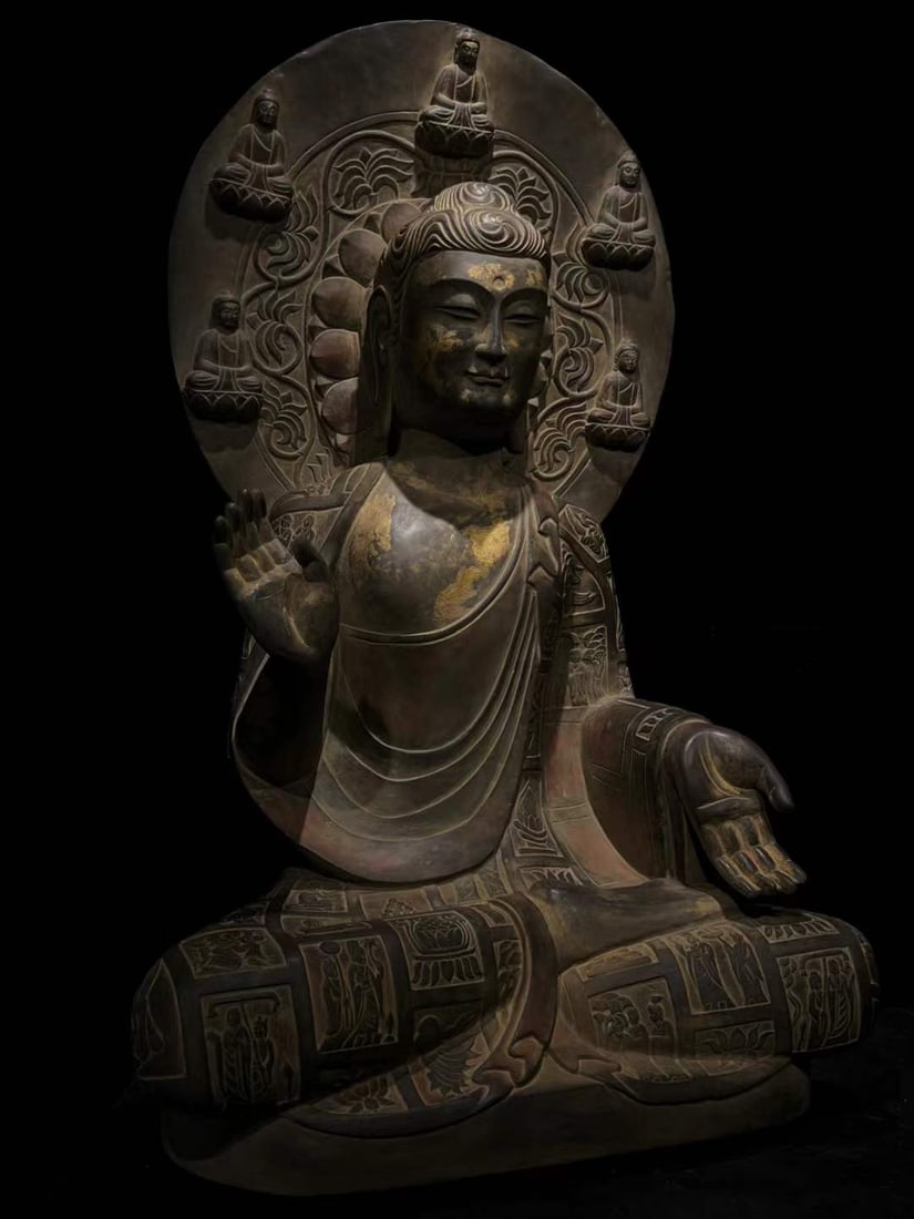 A seated statue of Shakyamuni Buddha in bluestone gilded in the Northern Qi Dynasty: Northern Qi bluestone gilded painted seated statue of Shakyamuni Buddha SIZE: H:120cm (The Dimensions Of All Batches Are Manually Measured.If You Need More Detailed Information, Please Contact Our Cus