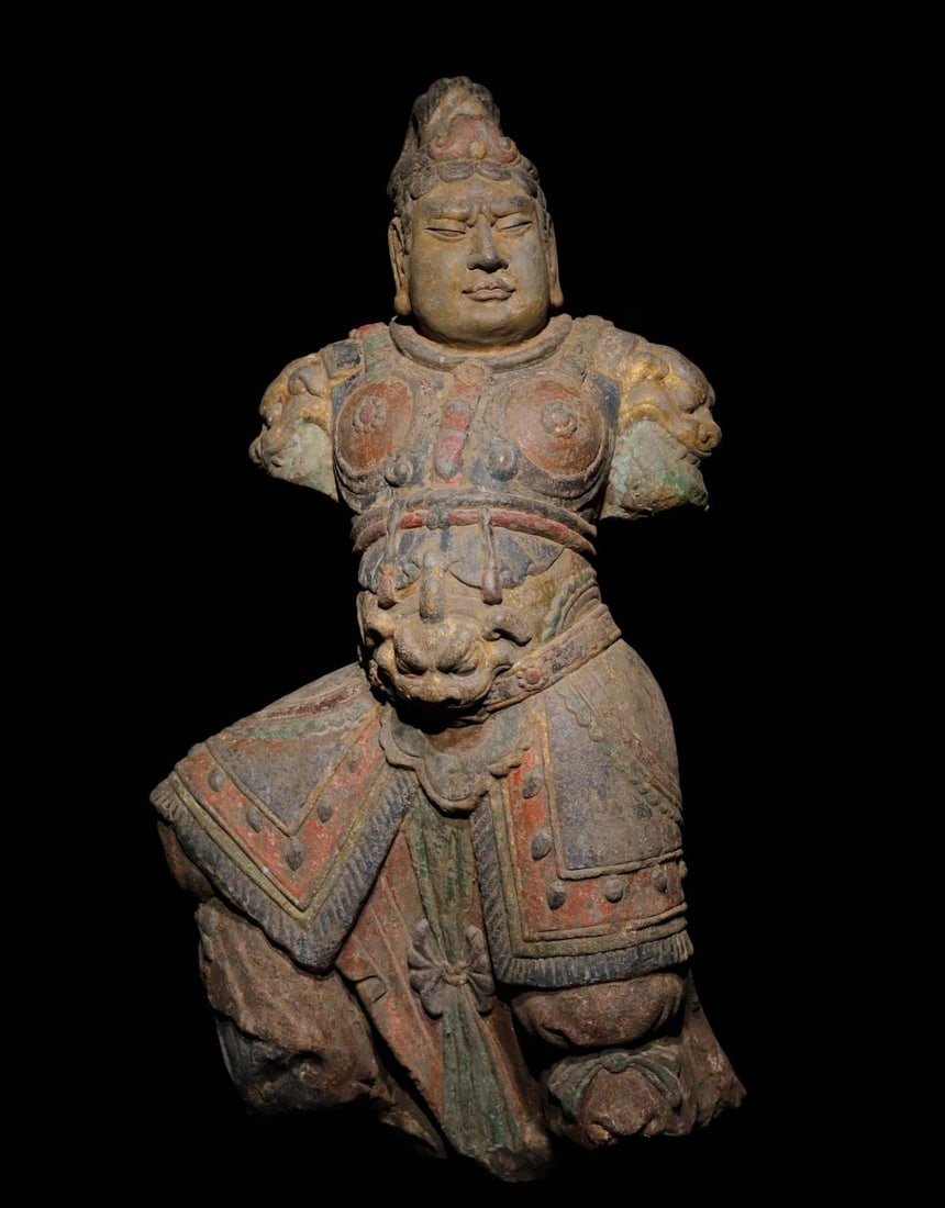 A Tang Dynasty bluestone painted statue of the king: Tang Dynasty bluestone painted statue of the king SIZE: H:96cm (The Dimensions Of All Batches Are Manually Measured.If You Need More Detailed Information, Please Contact Our Customer Service Before Bi