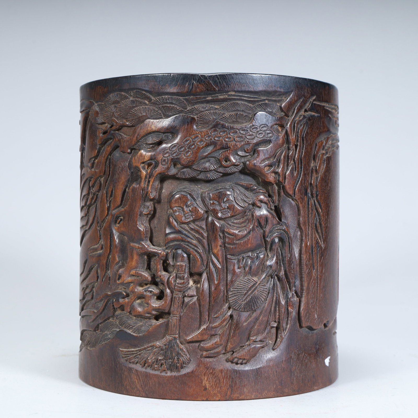 A Qing Dynasty mahogany carving and two immortal pattern pen holders: Qing Dynasty mahogany carving and two immortal pattern pen holders SIZE: H:16cm L:14.5cm W:14.5cm W:1.4kg (The Dimensions Of All Batches Are Manually Measured.If You Need More Detailed Information, Pl