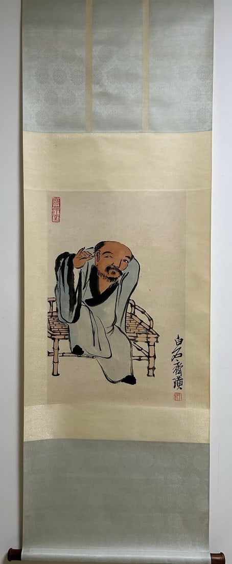 A paper hanging scroll painting of Qi Baishi's ear-cleaning work: Qi Baishi's ear-cleaning paper hanging scroll drawing SIZE: 68x42cm (The Dimensions Of All Batches Are Manually Measured.If You Need More Detailed Information, Please Contact Our Customer Service Befo