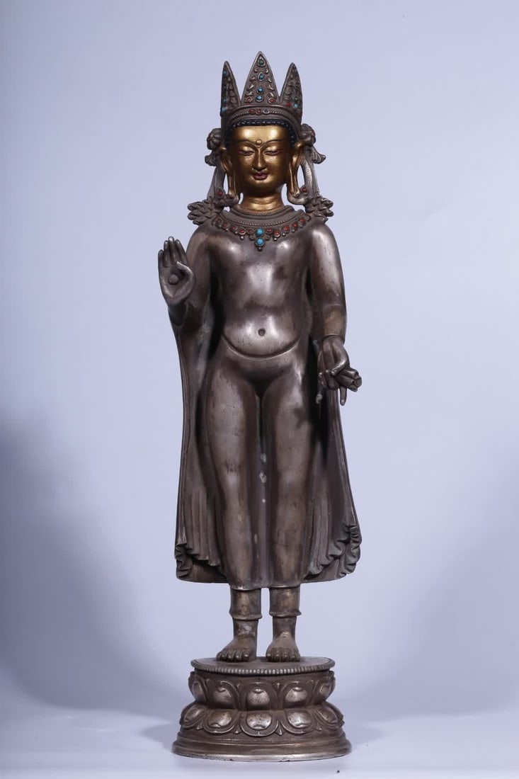 A standing Buddha statue from the Qing Dynasty, gilded with silver and gilded gold, inlaid with (1 of 11)