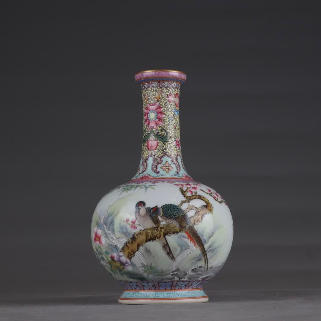 A Qing Qianlong enamel brocade pheasant poetry vase with brocade pheasant patterns (1 of 9)