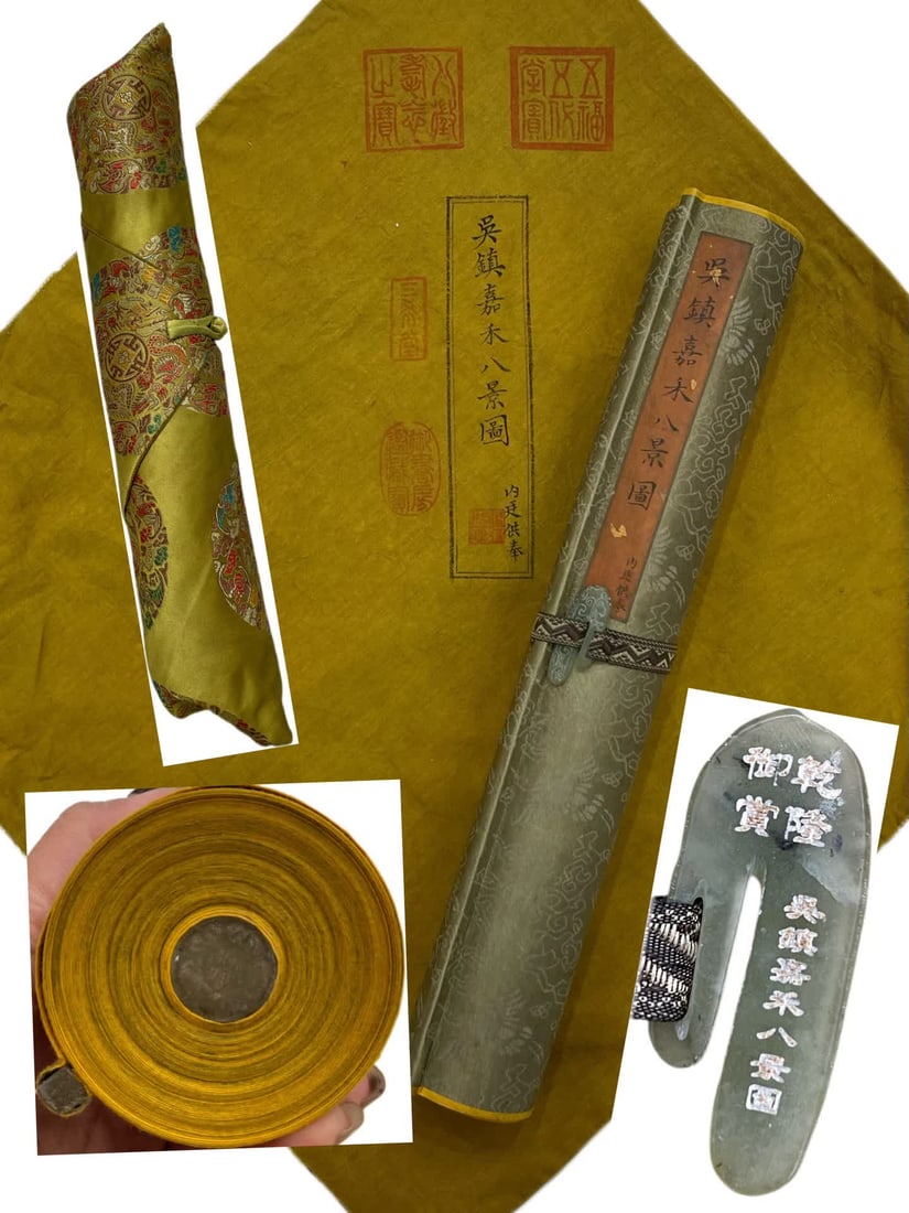 A painting: Wu Zhen's 'Eight Views of Jiahe': Wu Zhen's 'Eight Scenes of Jiahe' SIZE: Total L: 870x42cm Painting Core 700x38.6cm (The Dimensions Of All Batches Are Manually Measured.If You Need More Detailed Information, Please Contact Our Custom