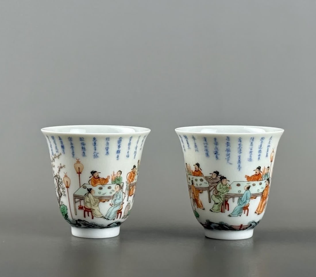 A Ming dynasty Chenghua period blue-and-white wine cup inscribed with poetry, featuring Peach and: During the Chenghua era of the Ming Dynasty, a blue-and-white cup was made for the Peach and Plum Night Banquet featuring poetry SIZE: mouth D: 5cm H: 5cm Base diameter 2.2cm (The Dimensions Of All Ba