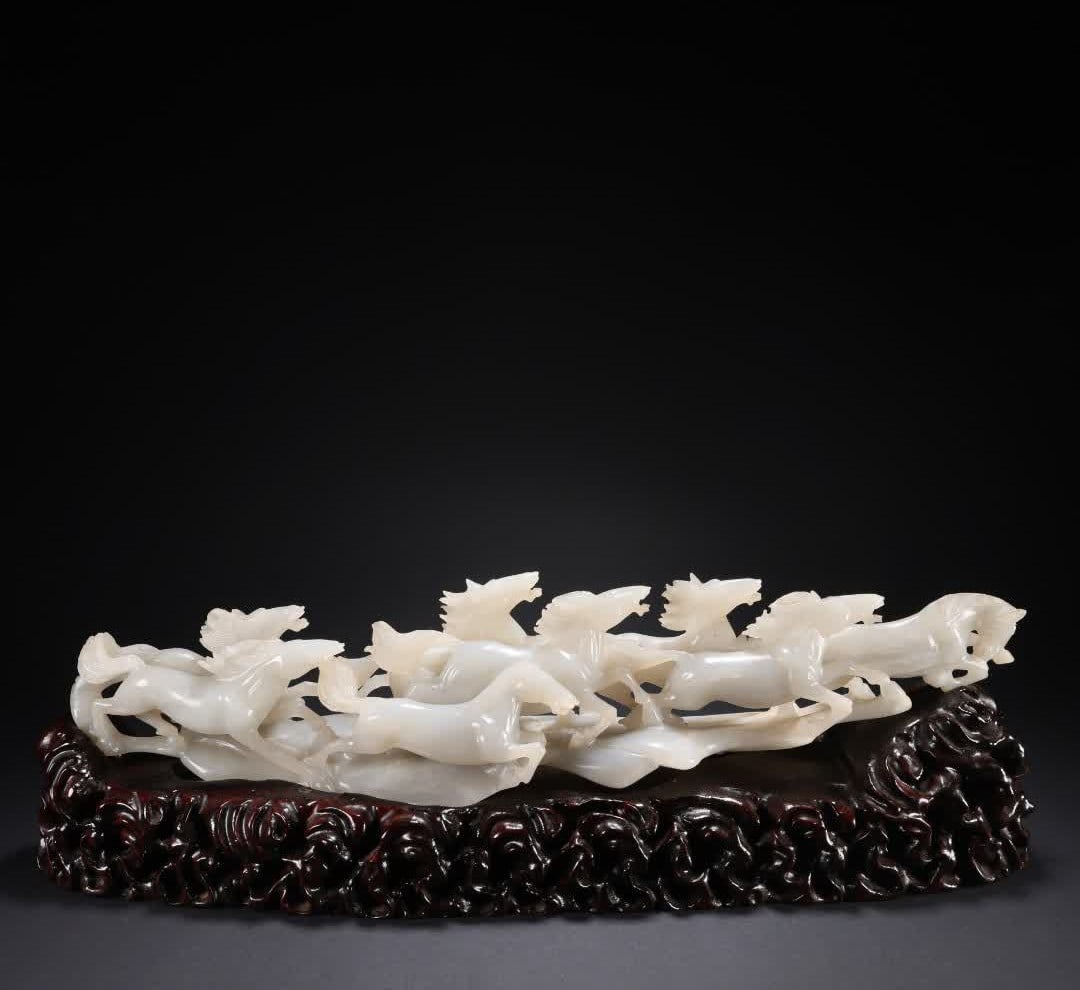 A Qing Dynasty Hetian jade ornament of eight steeds: Qing Dynasty Hetian jade Eight Steeds ornament SIZE: L:39cm W:7.3cm H:8cm W:1147g (The Dimensions Of All Batches Are Manually Measured.If You Need More Detailed Information, Please Contact Our
