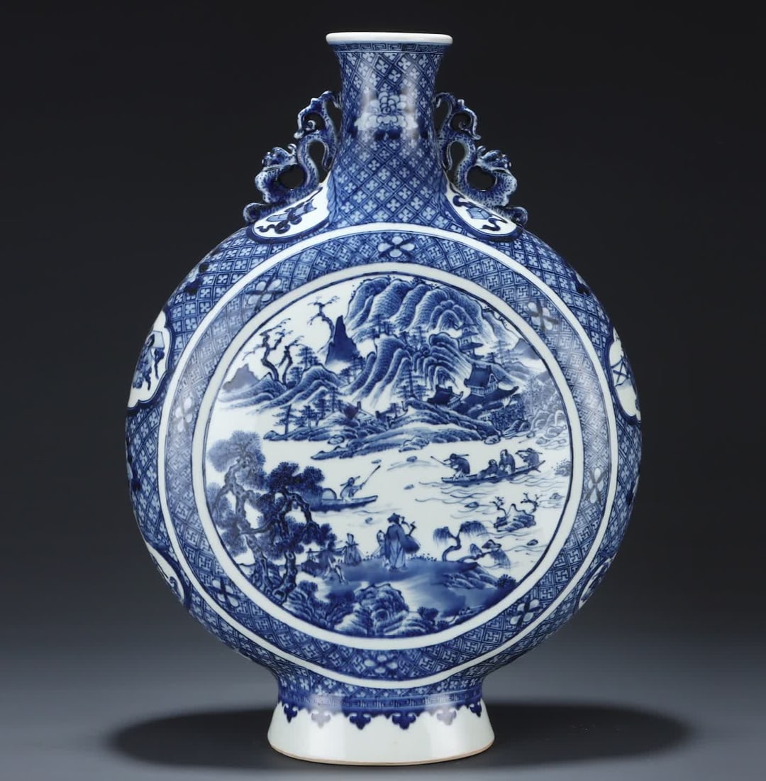A Qing blue-and-white flat vase with a window opening and character stories: Qing dynasty blue-and-white 'Opening the Window' figure, story, flat vase SIZE: H: 51cm Belly diameter 31cm (The Dimensions Of All Batches Are Manually Measured.If You Need More Detailed Information,
