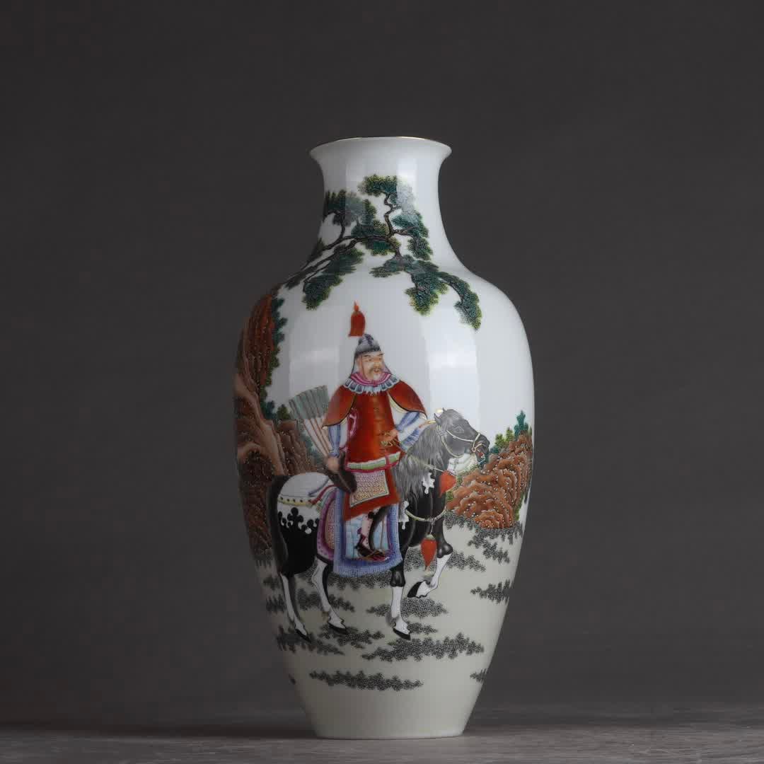 A Qing Qianlong period enamel vase with a figure hunting scene and a Pu clay vase (1 of 9)