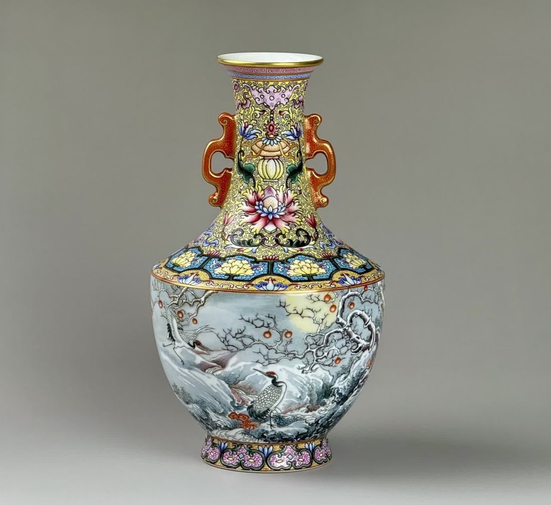A Qianlong period of the Qing Dynasty: Cold Moon Snowy Scenery, Red Fruit, Lingzhi, Double Crane (1 of 9)