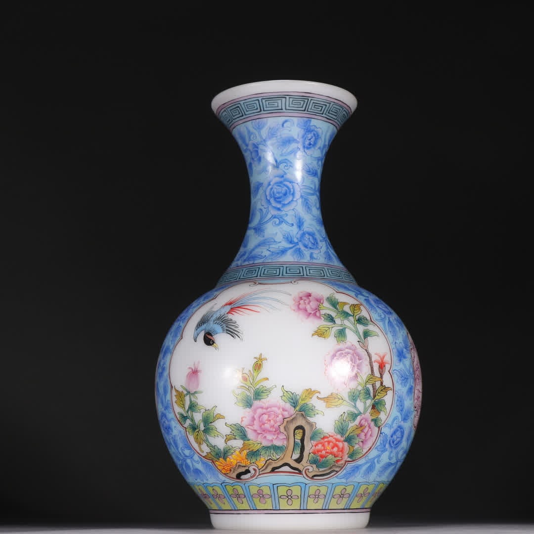 A Qing Liao ware vase with enamel painted window floral and bird patterns: Qing ware vase with painted enamel window floral and bird patterns SIZE: H:21.5cm W:13cm W:393.7g (The Dimensions Of All Batches Are Manually Measured.If You Need More Detailed Information, Please Con
