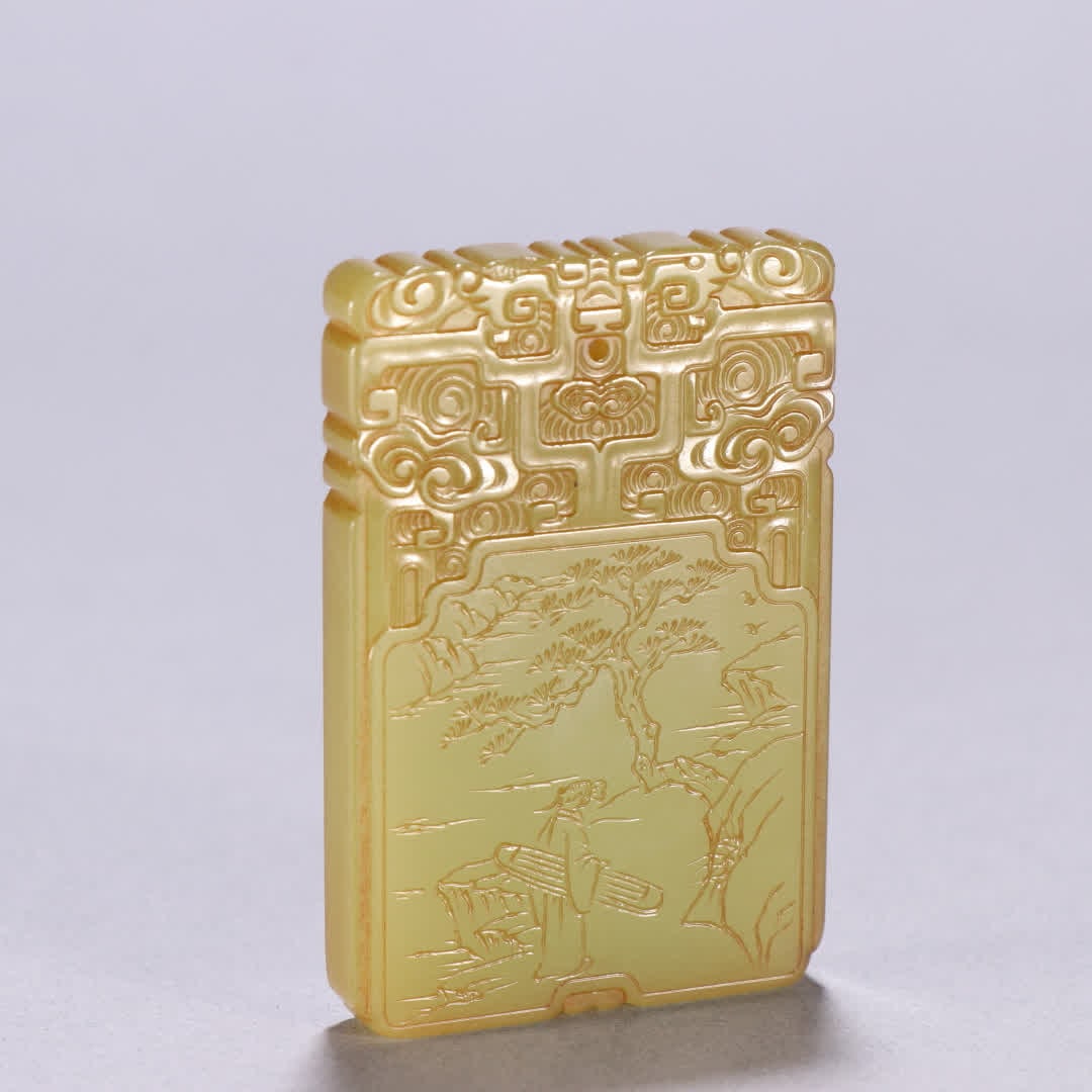 A Qing dynasty Hetian yellow jade character story plaque: The story of the Qing dynasty Hetian yellow jade figure was hung SIZE: H:5.9cm W:4cm W:48.5g (The Dimensions Of All Batches Are Manually Measured.If You Need More Detailed Information, Please Contact 
