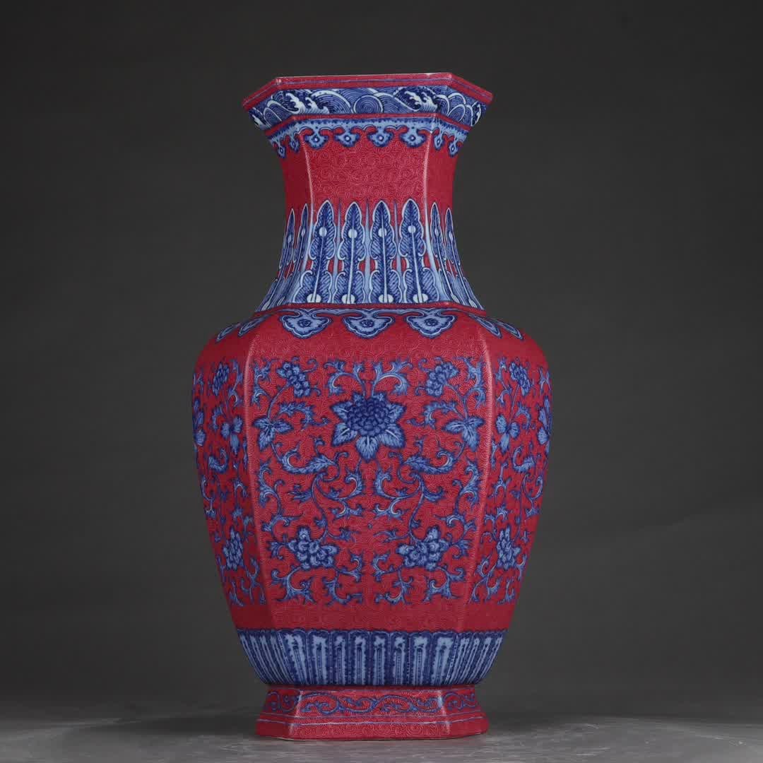 A Qing Qianlong period rouge-red carved patterned blue-and-white hexagonal inlaid piece with (1 of 9)