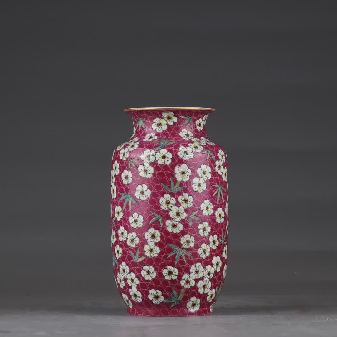 One Qing Qianlong period enamel rouge red base winter melon vase with ice plum blossom design (1 of 9)