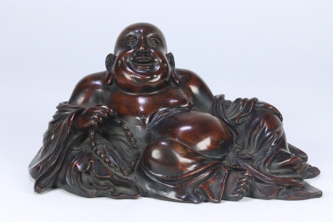 A Qing Dynasty Huanghuali Maitreya Buddha carving: Qing Dynasty Huanghuali Maitreya Buddha carving SIZE: 19x14.2x9.1cm W:486g (The Dimensions Of All Batches Are Manually Measured.If You Need More Detailed Information, Please Contact Our Customer Servi