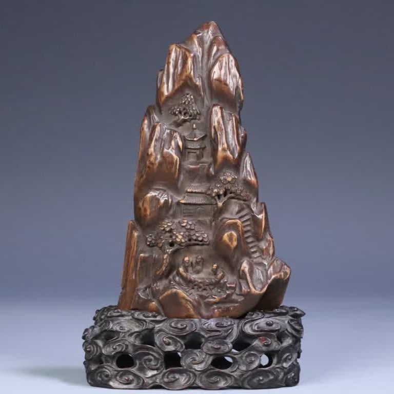 A mountain ornament of Qing Dynasty old agarwood, featuring a red sandalwood base (1 of 17)