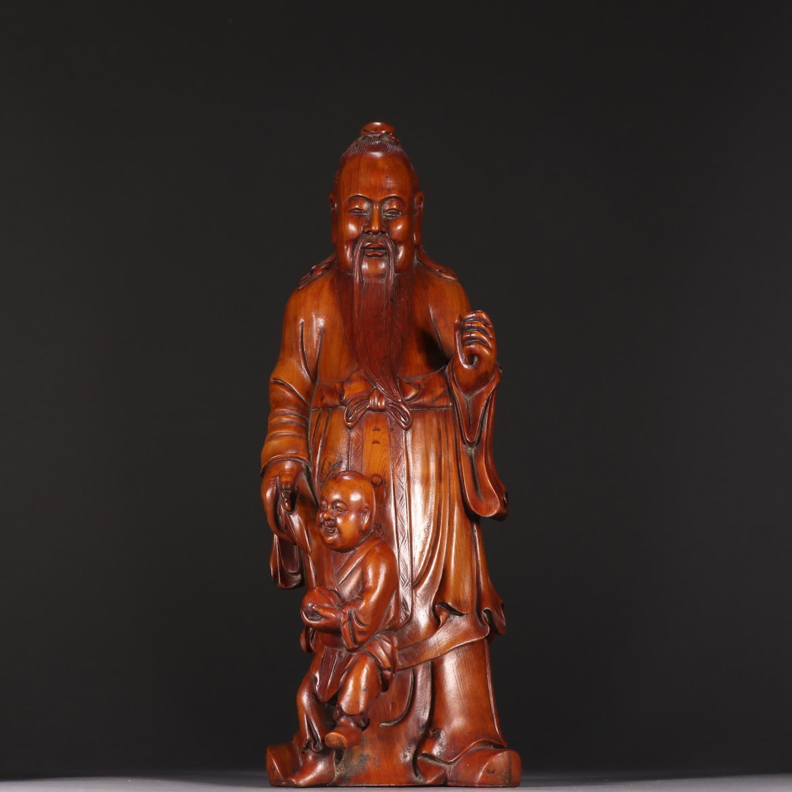 A Qing dynasty boxwood statue of a lucky star giving children: Qing Dynasty: Boxwood Lucky Star Fertility Statue SIZE: H:24cm W:8.7cm W:485.9g (The Dimensions Of All Batches Are Manually Measured.If You Need More Detailed Information, Please Contact Our Customer 
