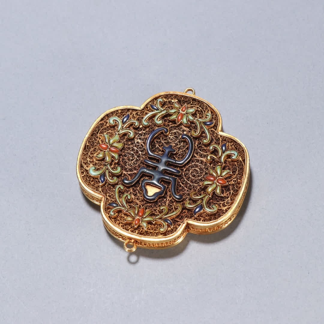 One Qing Dynasty silver gilt inlaid turquoise plaque (1 of 9)