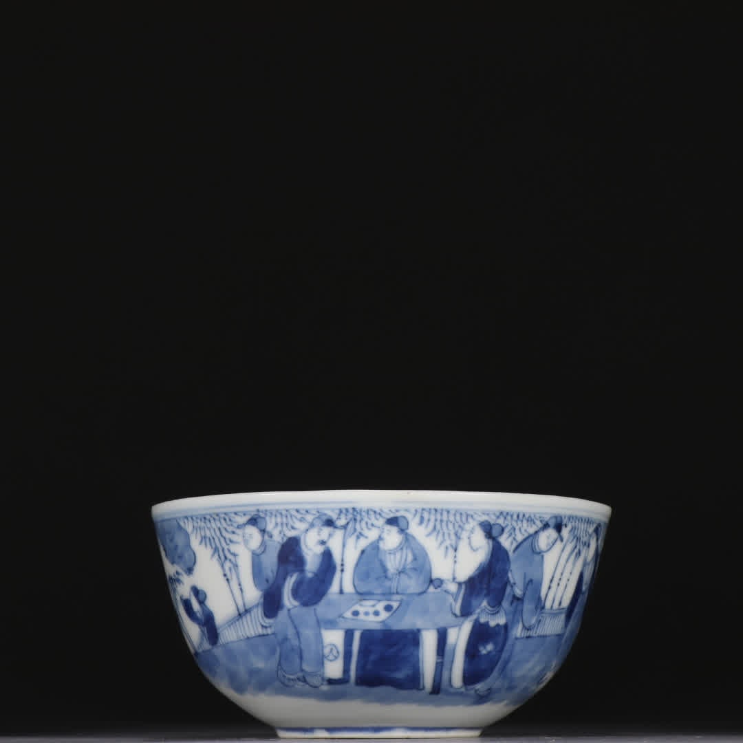 A Qing dynasty blue-and-white figure story bowl: Qing dynasty blue-and-white character story bowl SIZE: H:5.3cm W:11cm (The Dimensions Of All Batches Are Manually Measured.If You Need More Detailed Information, Please Contact Our Customer Service Be
