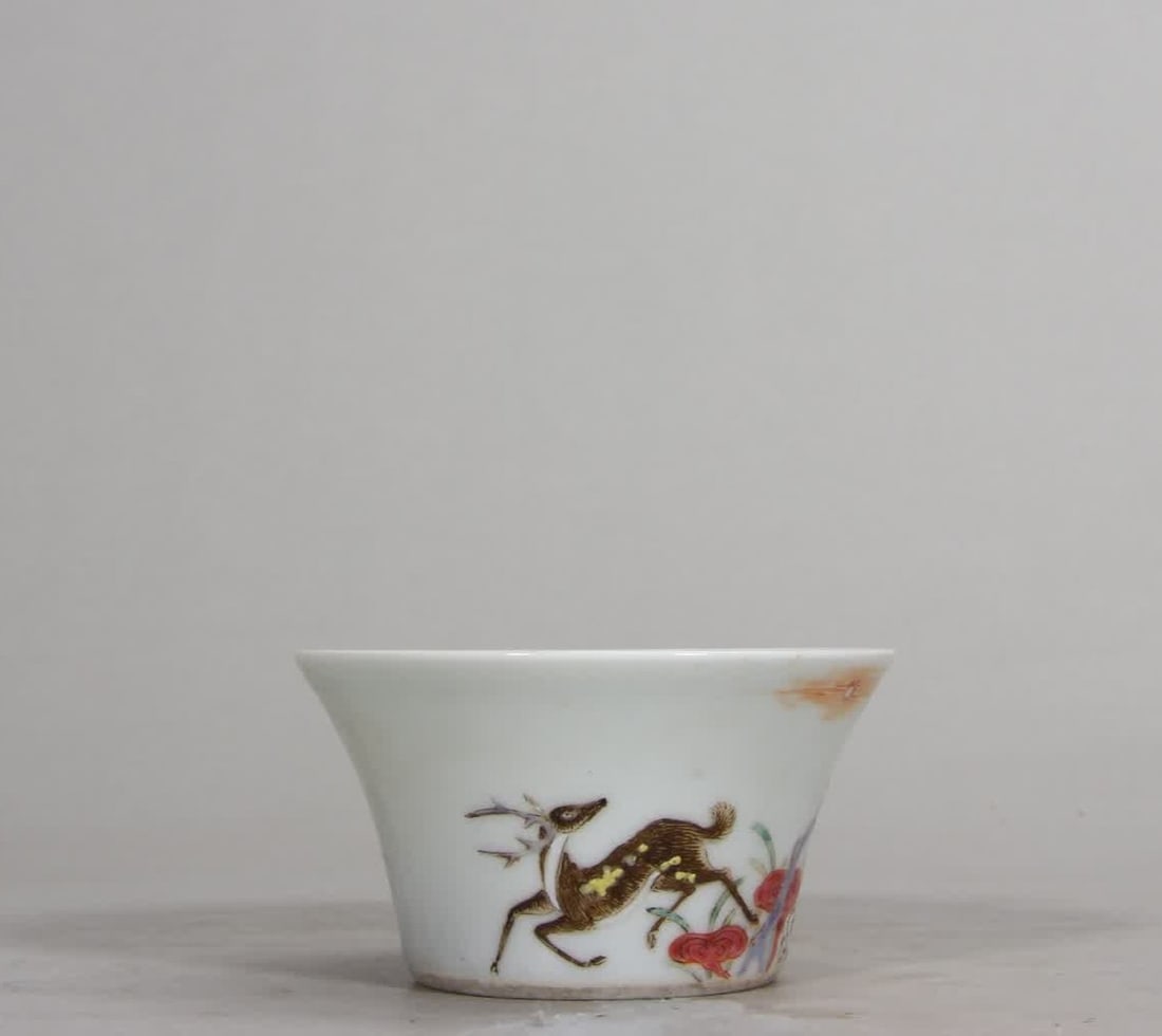 One Qing Yongzheng famille rose deer-crane spring horseshoe cup: Qing Yongzheng famille rose deer and crane in spring, horseshoe cup SIZE: H: 4.6 cm Mouth D: 8.4 cm (The Dimensions Of All Batches Are Manually Measured.If You Need More Detailed Information, Please