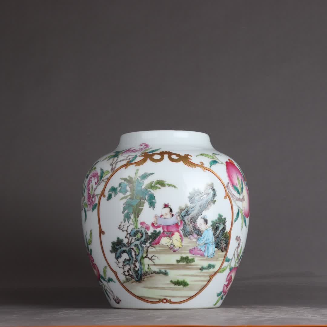 A Qing Yongzheng famille rose three-fruit window character story jar: Qing Dynasty Yongzheng famille rose three-fruit window character story jar SIZE: H:22cm Belly diameter 22cm (The Dimensions Of All Batches Are Manually Measured.If You Need More Detailed Information, 