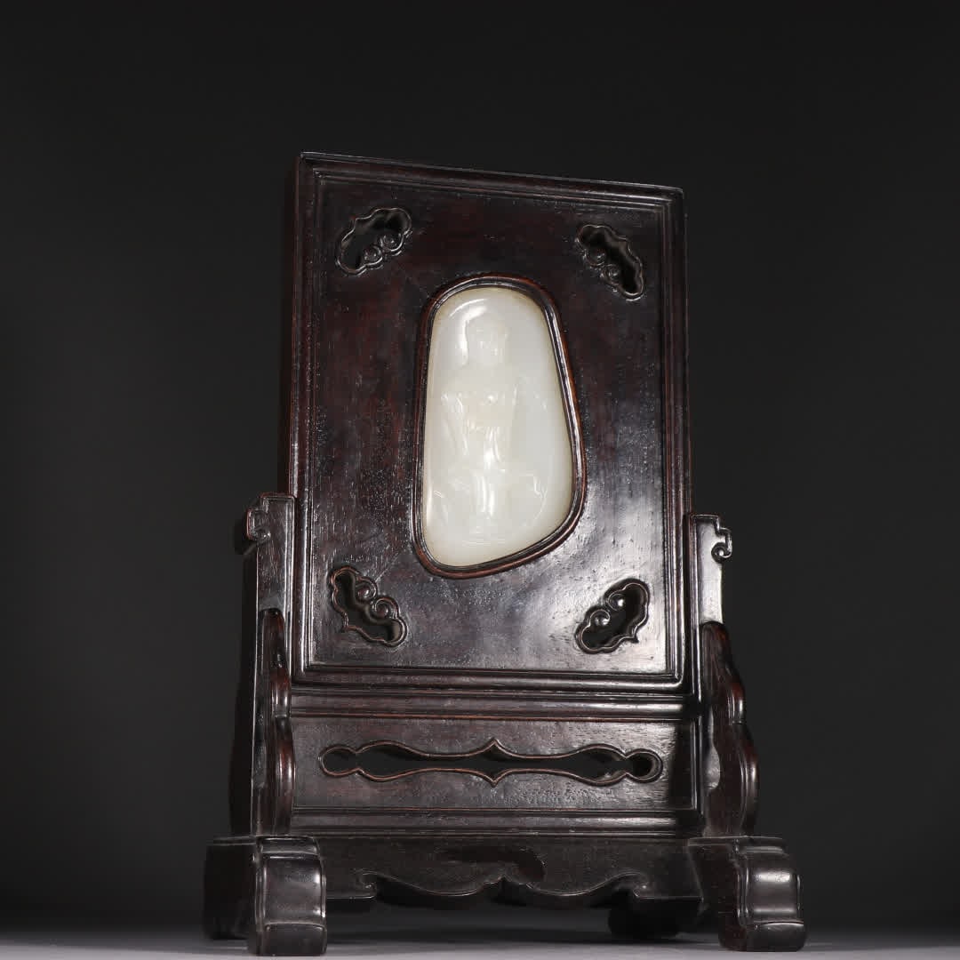 One piece of Qing Zitan inlaid Hetian jade Buddha pattern insert screen (1 of 9)