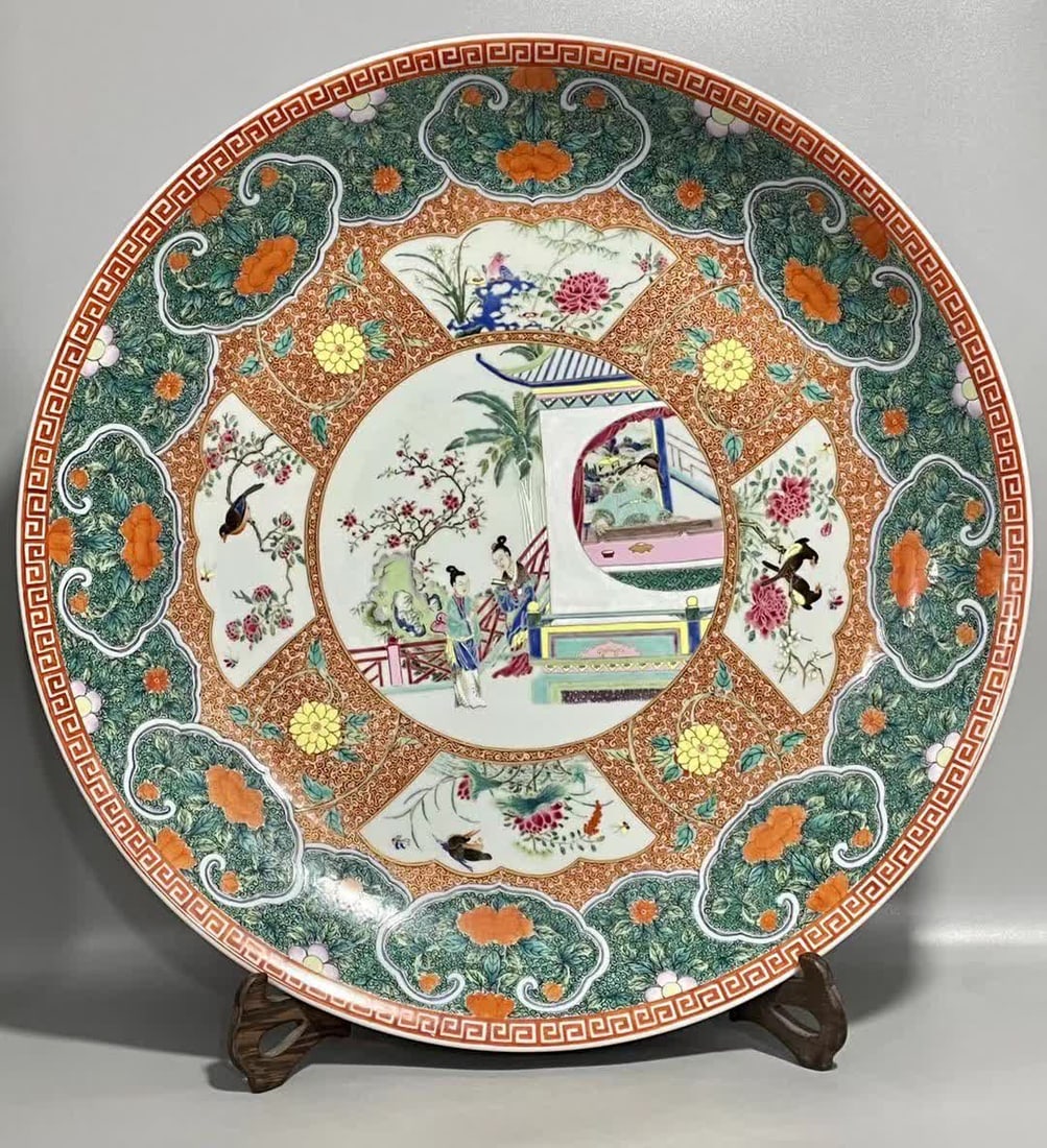 A Qing Yongzheng enamel floral entwined ruyi scepter, window opening, figure figure with flowers and: Qing Dynasty Yongzheng Enamel Colorful Floral Floral Entwined Ruyi Opening Window Figure Four Seasons Flower and Bird Plate SIZE: H: 8 cm D: 50 cm (The Dimensions Of All Batches Are Manually Measured.